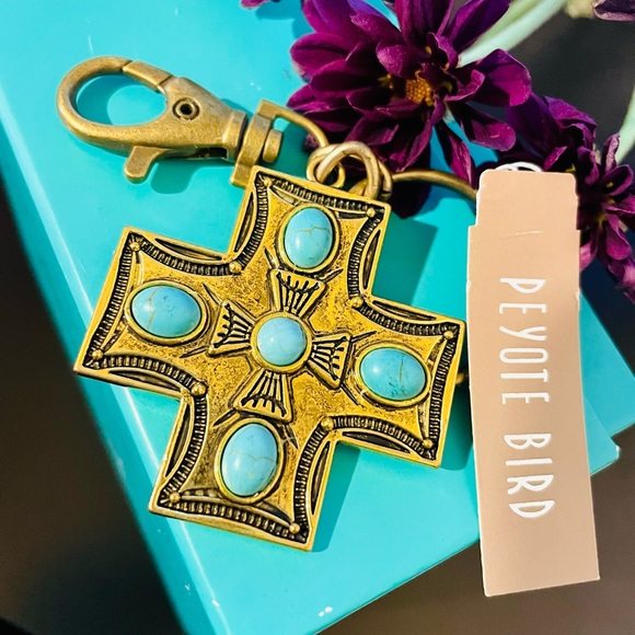 Peyote Bird Accessories - 🆕Peyote Bird Gold and Turquoise Cross KeyChain/ Charm